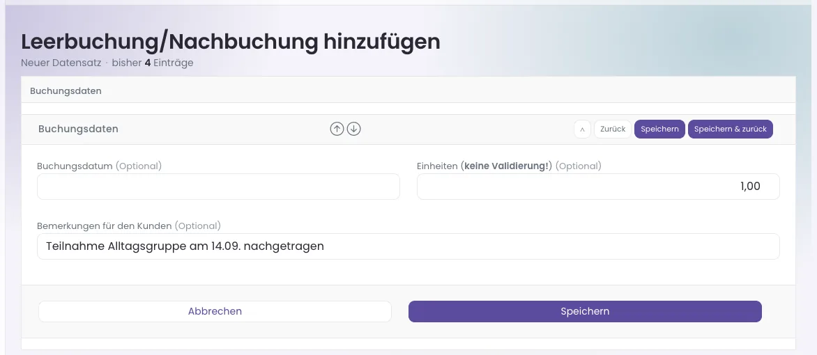 Formular Leerbuchung/Nachbuchung hinzufügen