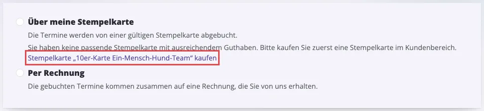 Buchung einer Gruppe: Hinweis auf fehlende Stempelkarte mit Kauf-Link