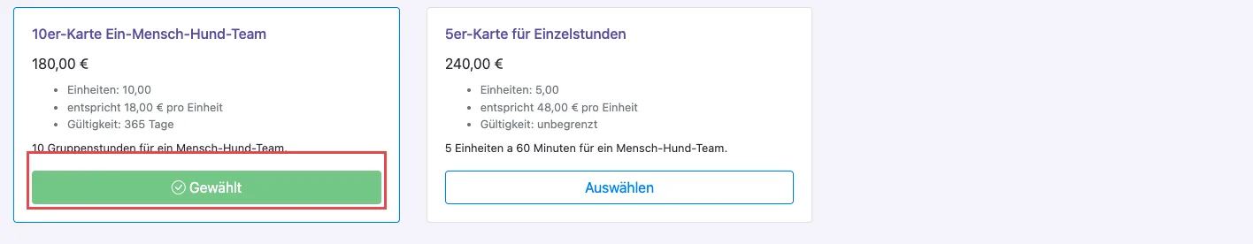 Kaufseite im Kundenbereich mit vorgewählter Stempelkarte