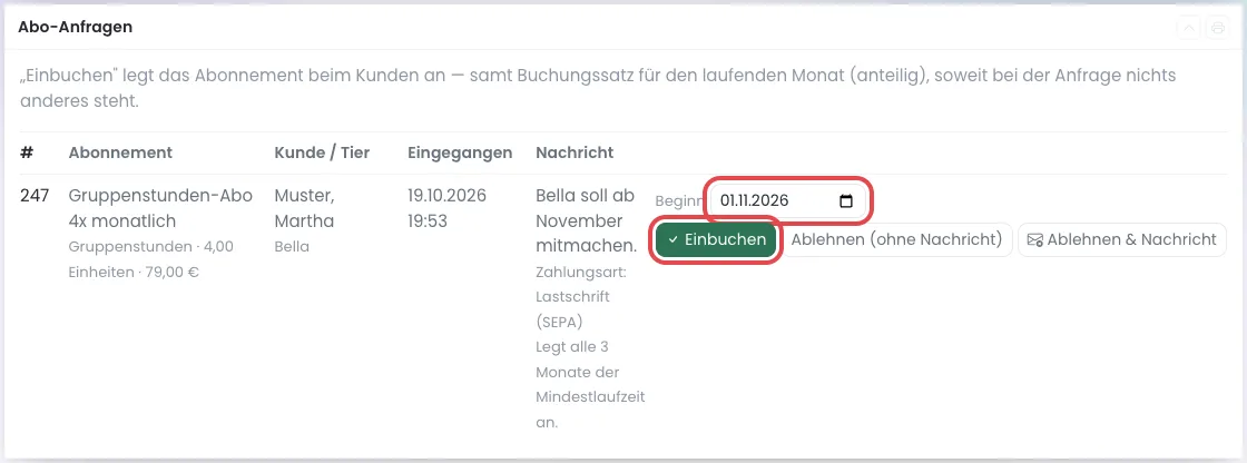 Abo-Anfrage mit dem Feld Beginn und dem Knopf Einbuchen