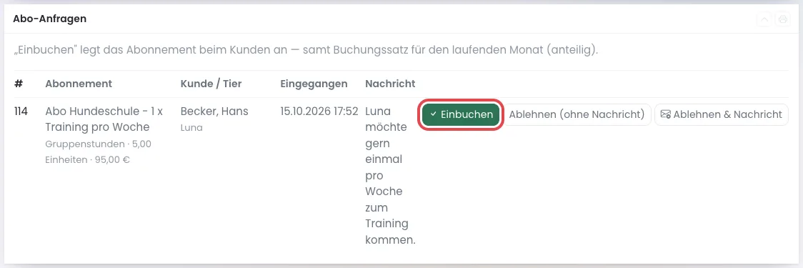 Kasten Abo-Anfragen mit dem Knopf Einbuchen