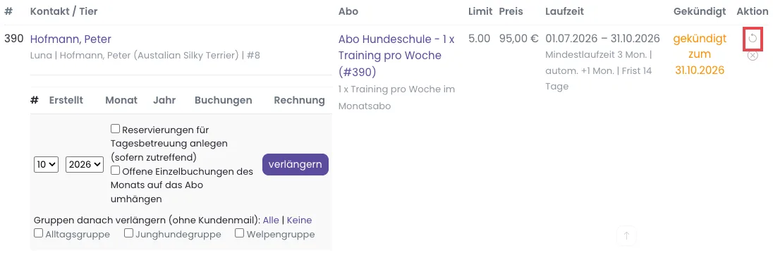 Gekündigtes Abo mit dem runden Pfeil Kündigung zurücknehmen