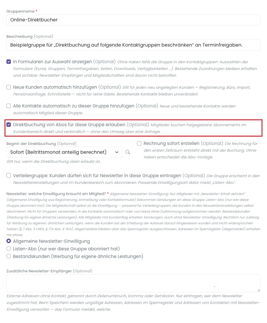 Formular Kontaktgruppe mit dem Haken Direktbuchung von Abos für diese Gruppe erlauben