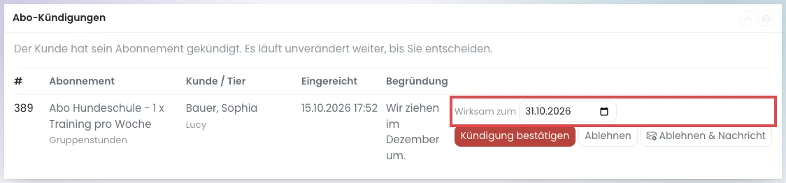 Kasten Abo-Kündigungen mit dem Feld Wirksam zum