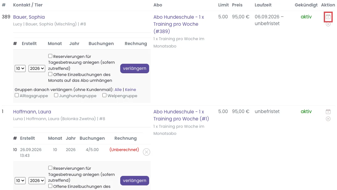 Abonnementliste mit dem Symbol Fristgerecht kündigen in der Spalte Aktion