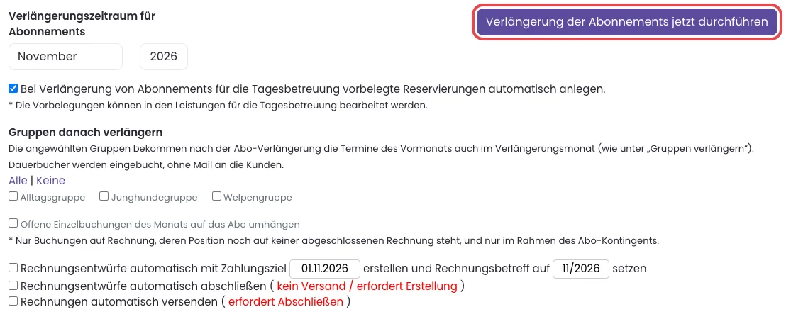 Kasten Verlängerungsoptionen für Abonnements mit allen Haken