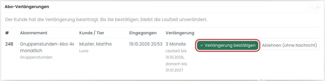 Kasten Abo-Verlängerungen mit dem Knopf Verlängerung bestätigen