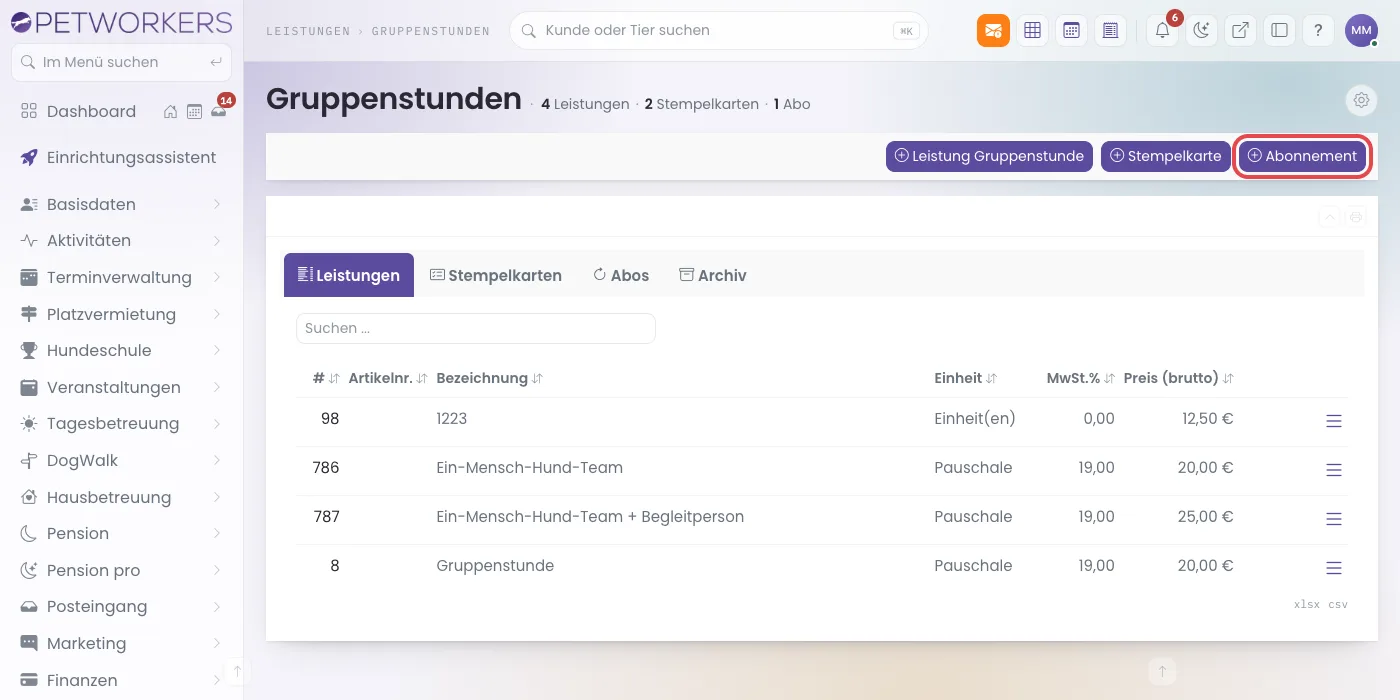 Leistungen → Gruppenstunden mit dem Knopf Abonnement