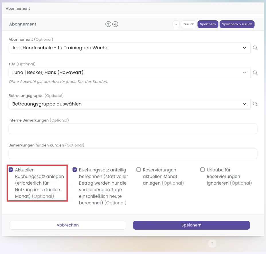 Formular Abo für Kunden hinzufügen mit gesetzten Haken