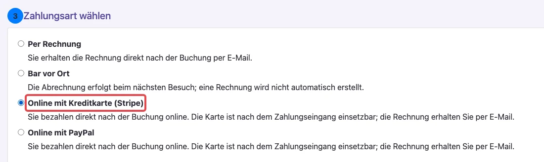 Kundenbereich, Stempelkarten online buchen, Schritt 3 Zahlungsart wählen mit Per Rechnung, Bar vor Ort, Online mit Kreditkarte (Stripe) und Online mit PayPal