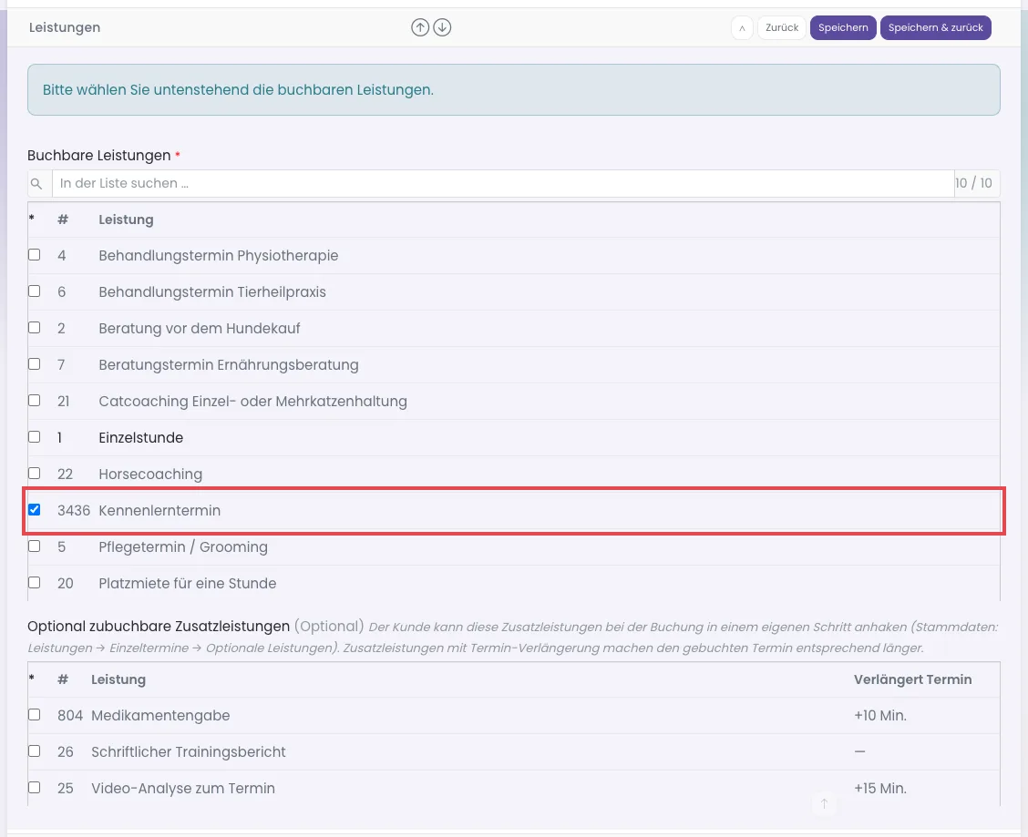 Abschnitt Leistungen einer Terminfreigabe mit angehaktem Kennenlerntermin