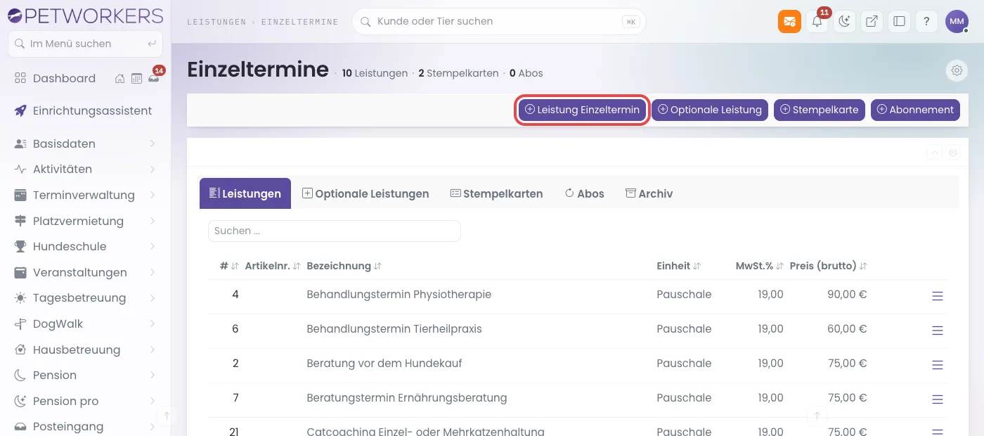 Seite Leistungen Einzeltermine mit markiertem Knopf Leistung Einzeltermin