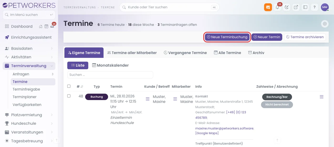 Seite Termine mit markiertem Knopf Neue Terminbuchung
