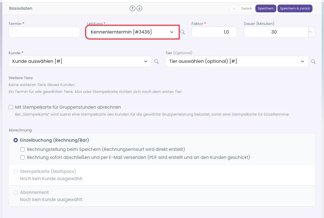 Formular Neue Terminbuchung mit gewählter Leistung Kennenlerntermin