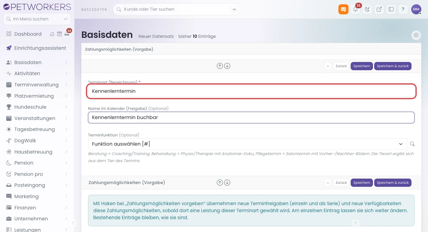 Formular einer neuen Terminart mit dem Namen Kennenlerntermin