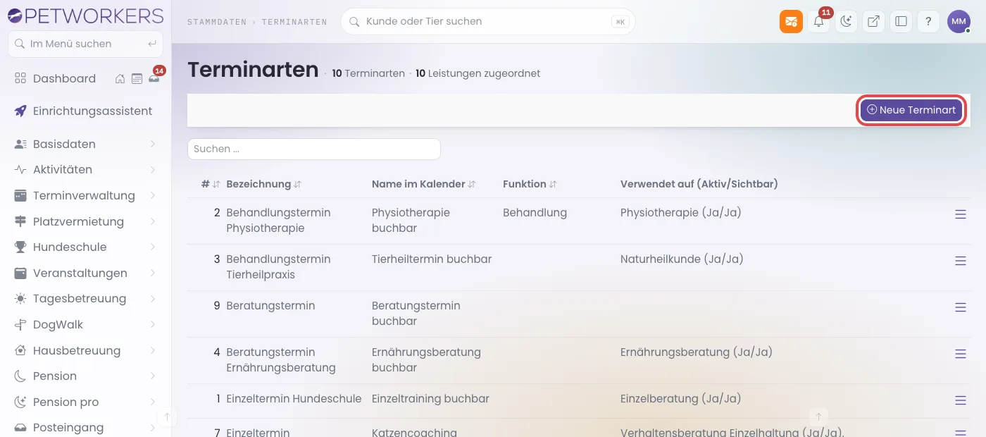 Seite Terminarten mit markiertem Knopf Neue Terminart