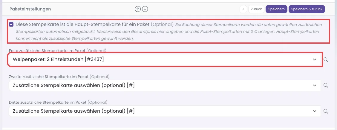 Paketeinstellungen der Hauptkarte mit Haken und gewählter Zusatzkarte