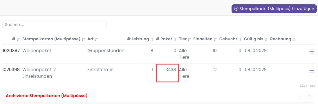 Reiter Stempelkarten mit Hauptkarte und Zusatzkarte, Spalte # Paket markiert