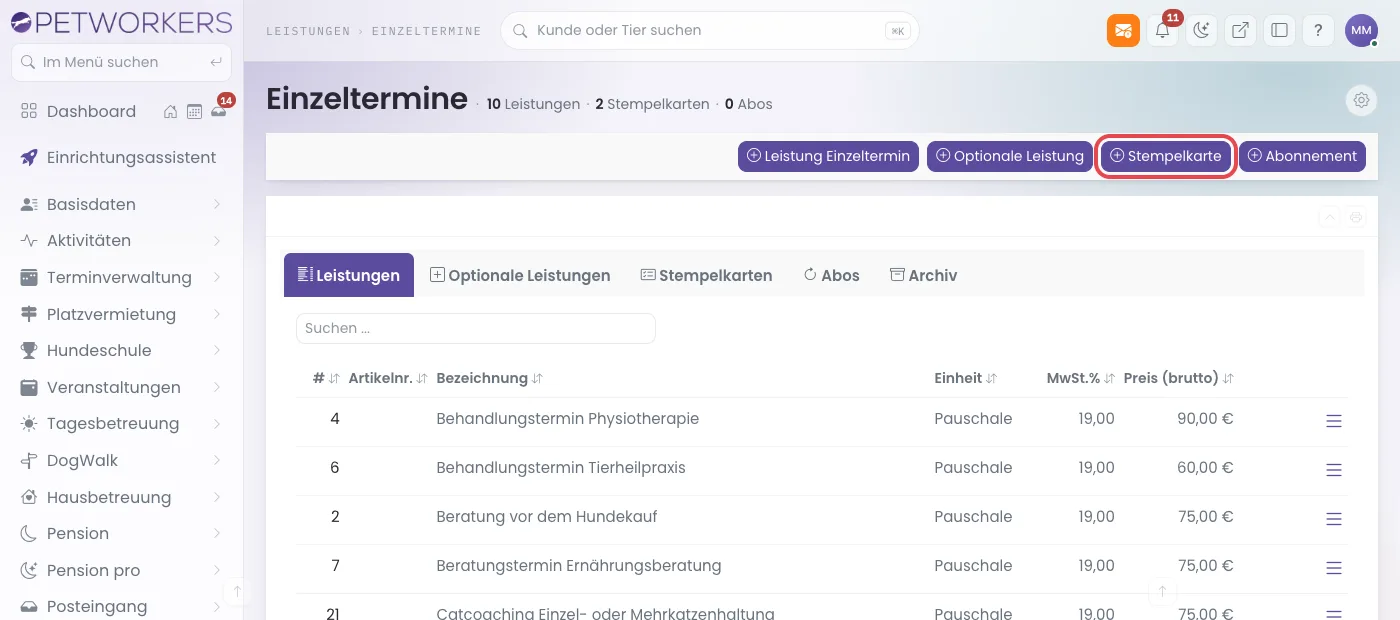 Seite Leistungen Einzeltermine mit markiertem Knopf Stempelkarte