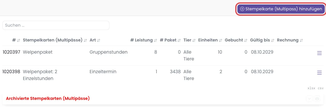 Reiter Stempelkarten in der Kontaktkartei mit markiertem Knopf Stempelkarte (Multipass) hinzufügen