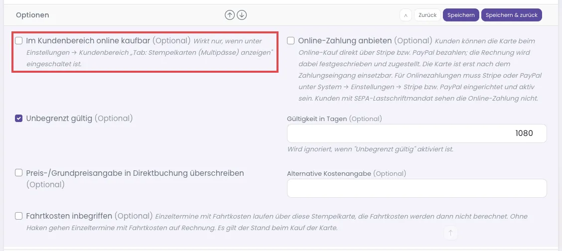 Optionen der Zusatzkarte, Haken Im Kundenbereich online kaufbar ist aus