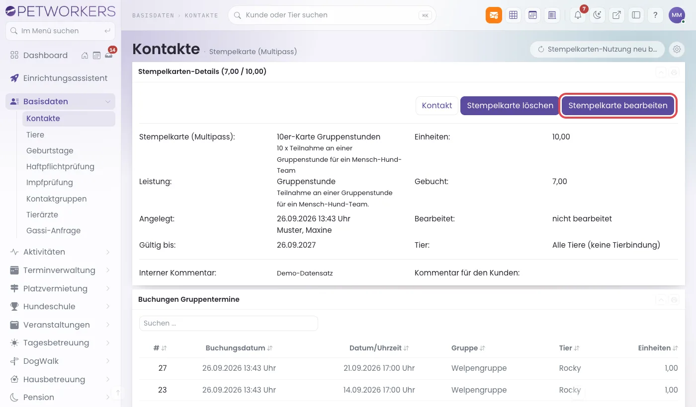 Detailseite einer Stempelkarte mit markiertem Knopf Stempelkarte bearbeiten