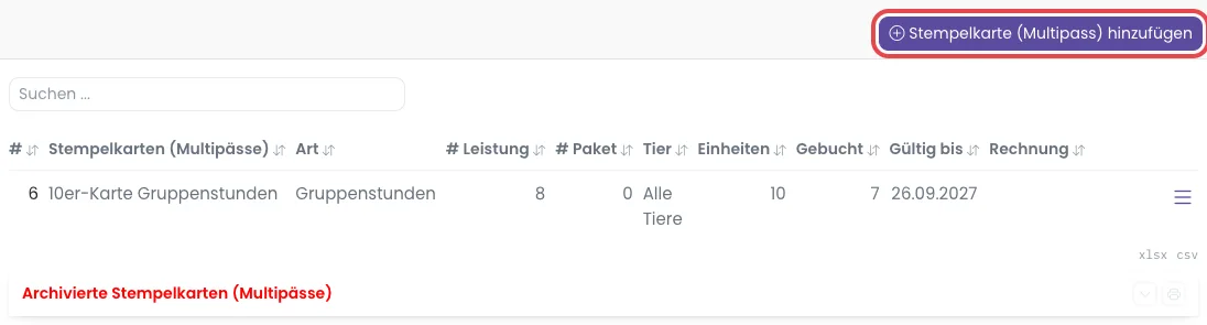 Reiter Stempelkarten in der Kontaktkartei mit markiertem Knopf Stempelkarte (Multipass) hinzufügen