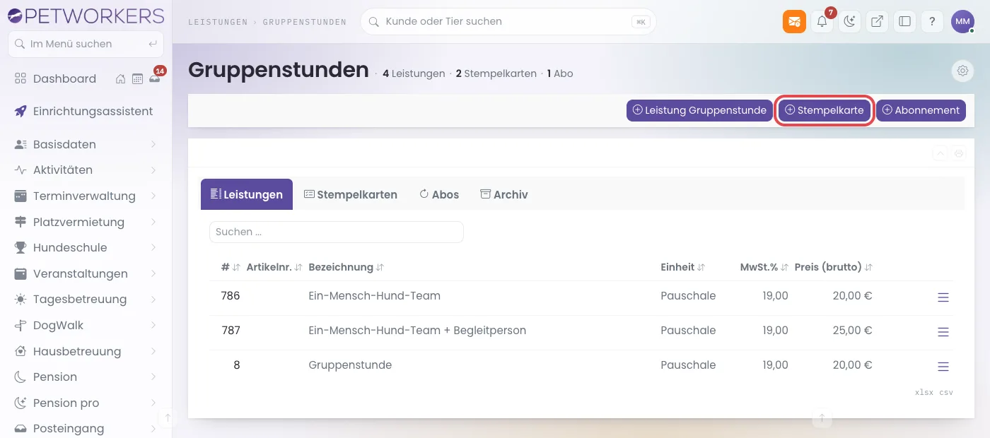 Leistungen, Gruppenstunden mit markiertem Knopf Stempelkarte