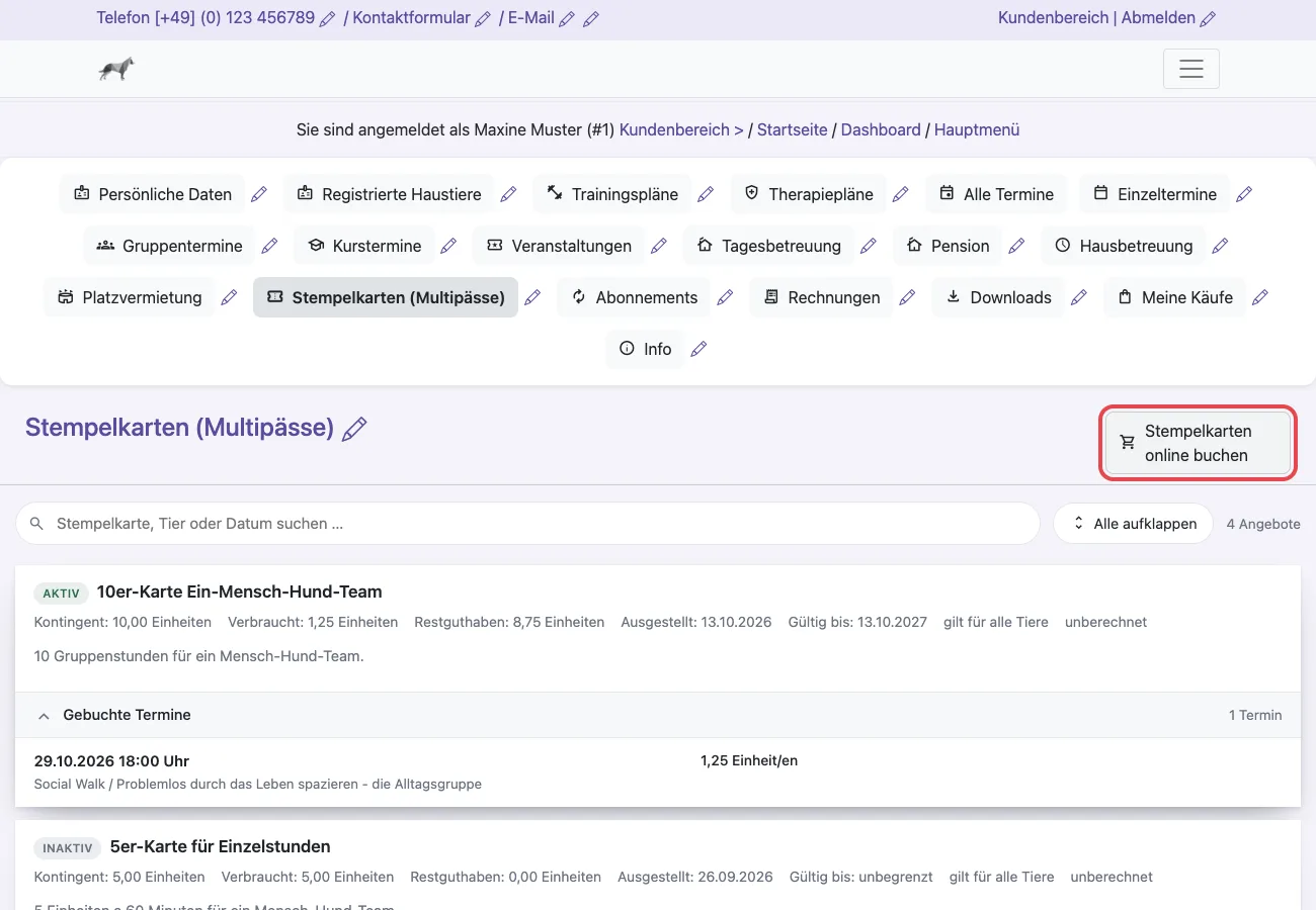 Kundenbereich, Stempelkarten (Multipässe) mit markiertem Knopf Stempelkarten online buchen