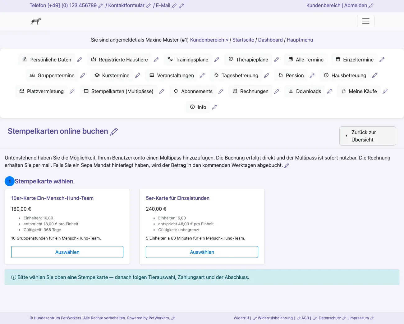 Kundenbereich, Stempelkarten online buchen mit zwei Karten zur Auswahl