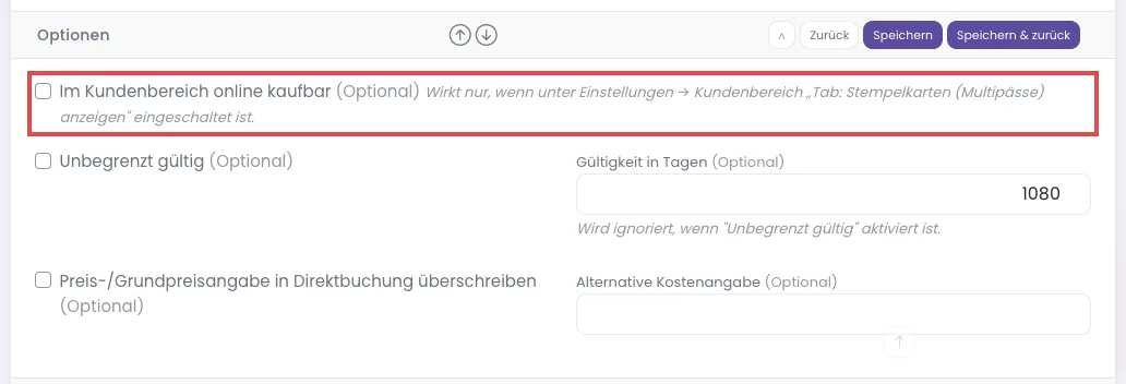 Optionen einer Stempelkarte mit markiertem Haken Im Kundenbereich online kaufbar