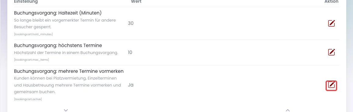 Einstellungen im Bereich Kundenbereich: Haltezeit, Höchstzahl und Schalter für den Buchungsvorgang