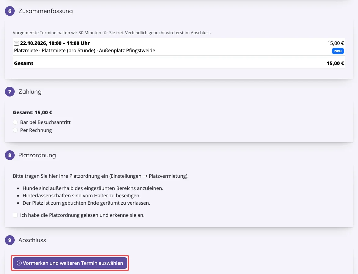 Zusammenfassung mit einem neuen Termin und dem Knopf „Vormerken und weiteren Termin auswählen“
