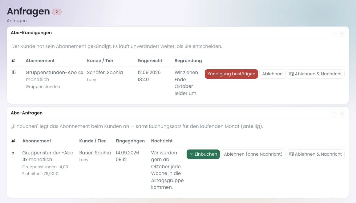 Seite Anfragen mit Abo-Kündigungen und Abo-Anfragen