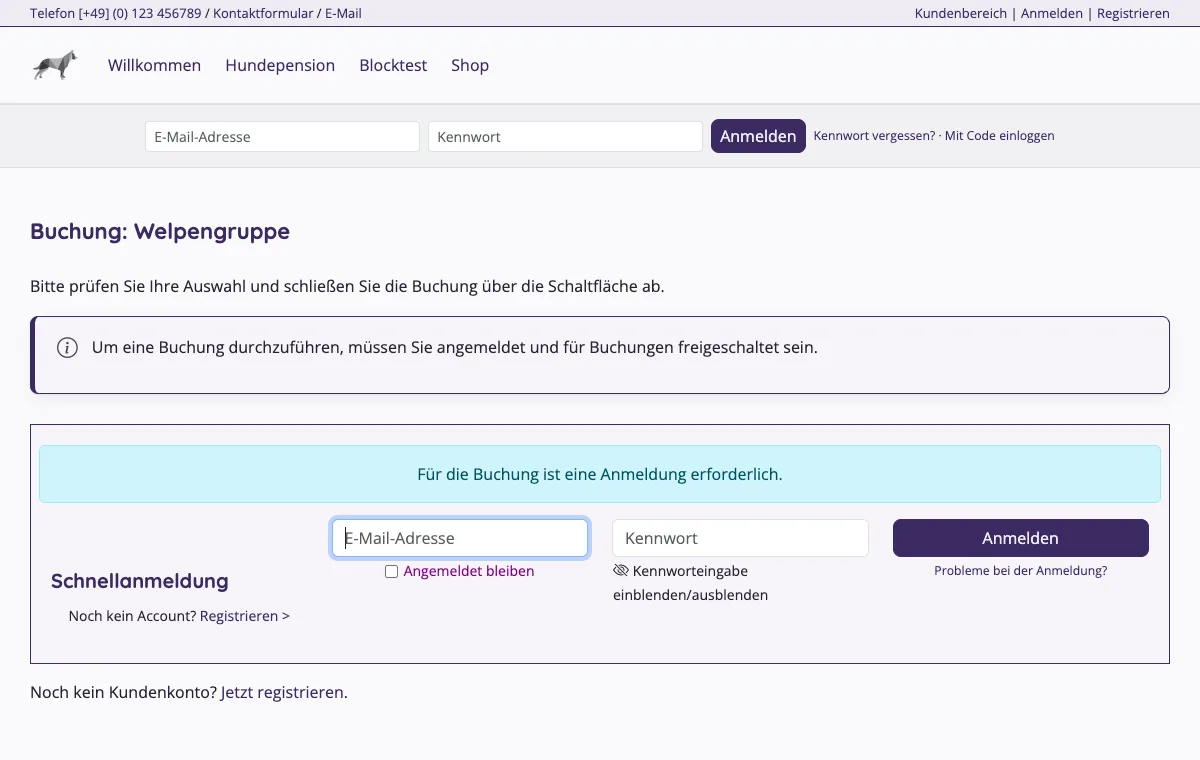 Buchungsseite mit Hinweis, dass eine Anmeldung nötig ist
