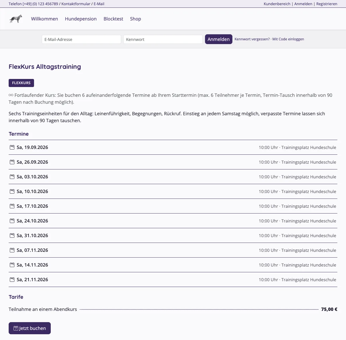 Detailseite eines FlexKurses auf der Website