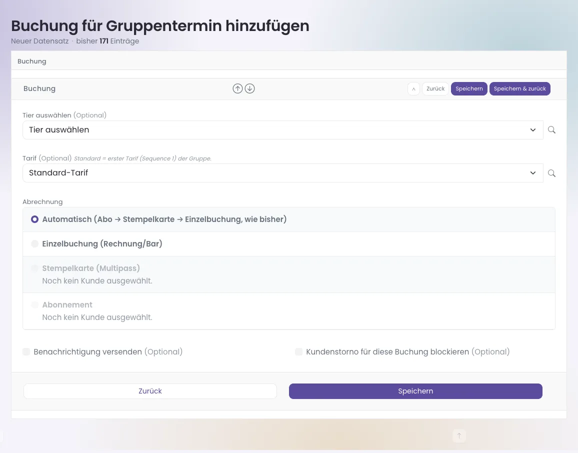 Formular Buchung für Gruppentermin hinzufügen mit Abrechnungsauswahl