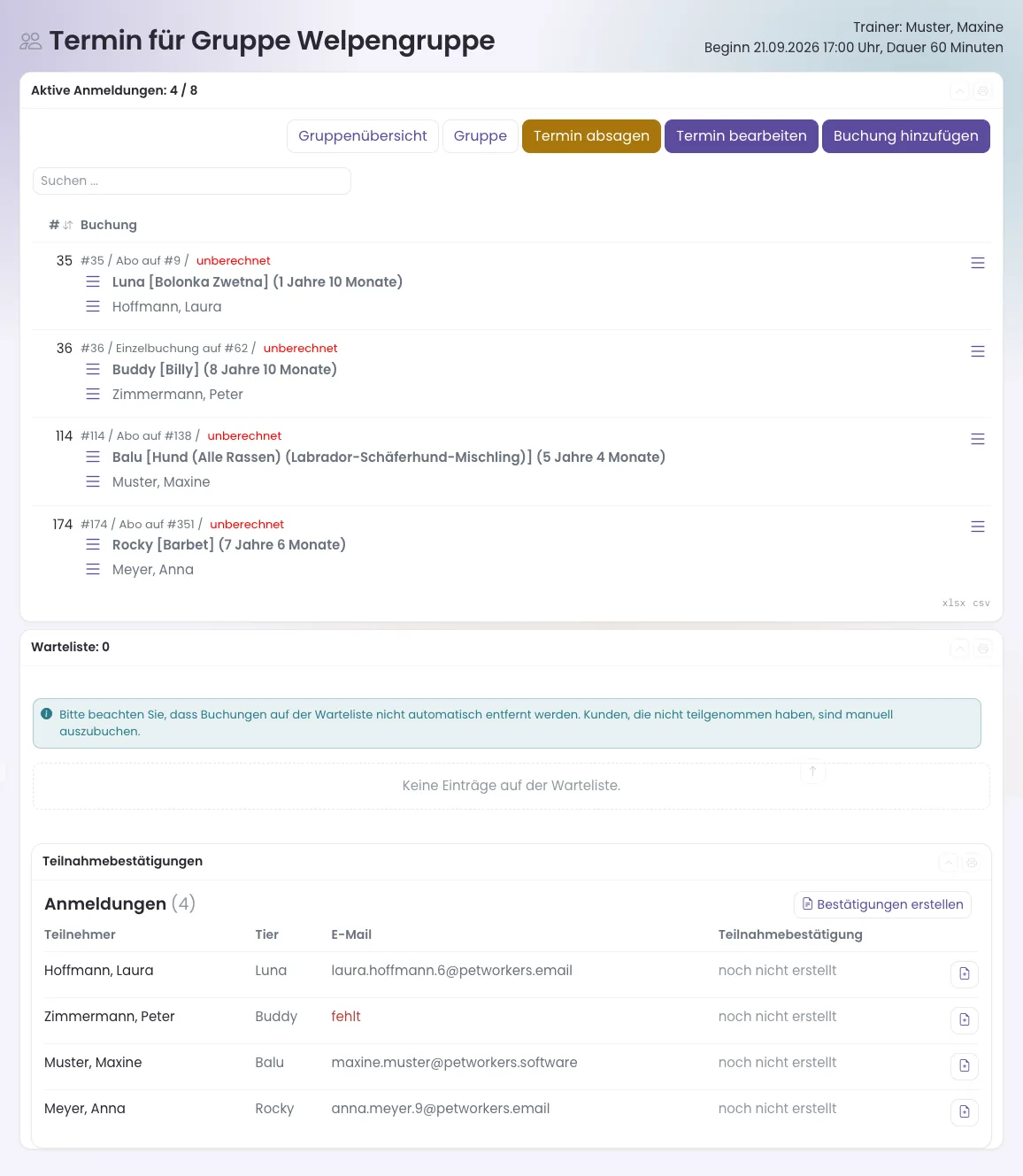 Kartei eines Gruppentermins mit Anmeldungen, Warteliste und Teilnahmebestätigungen
