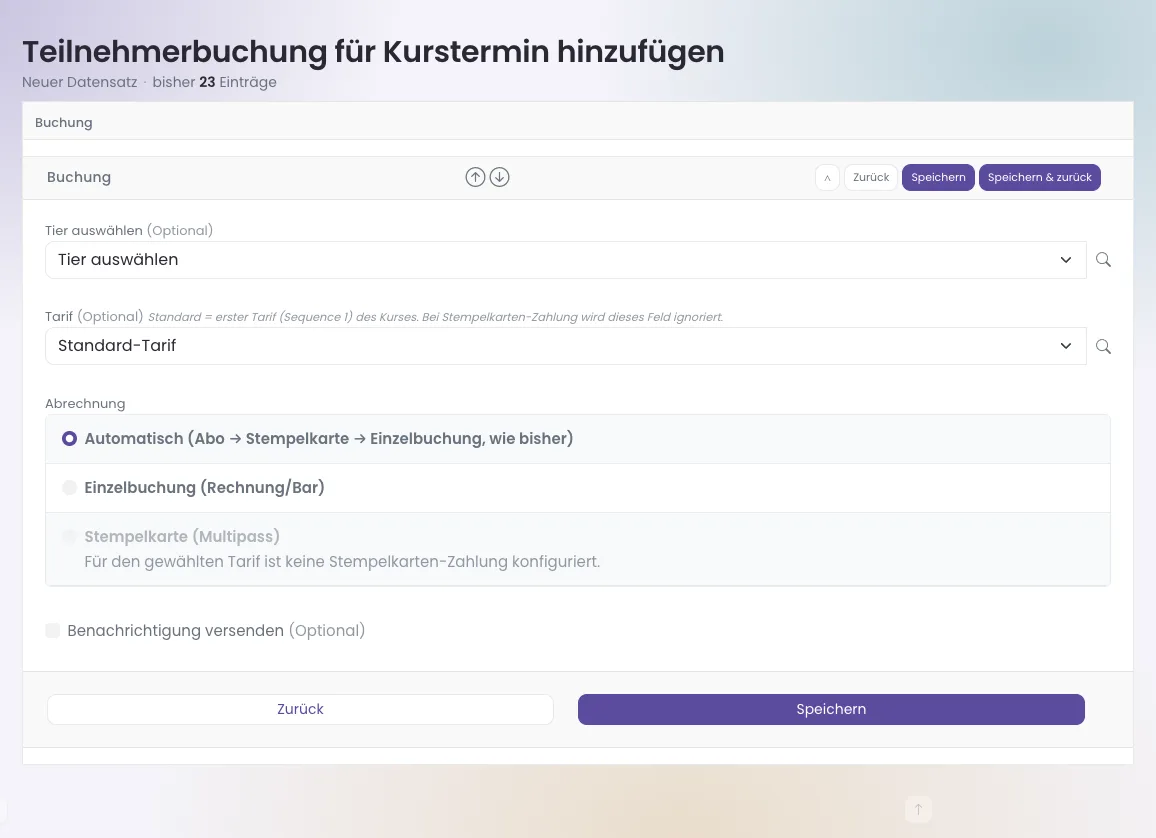 Formular Teilnehmerbuchung für einen Kurs