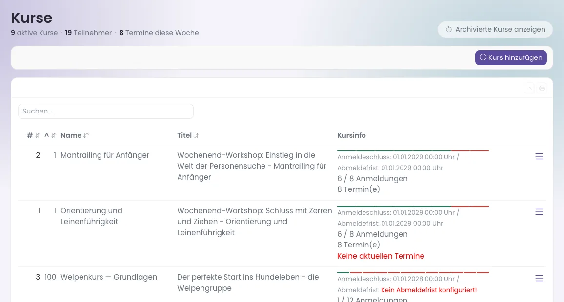 Liste der Kurse mit Kursinfo
