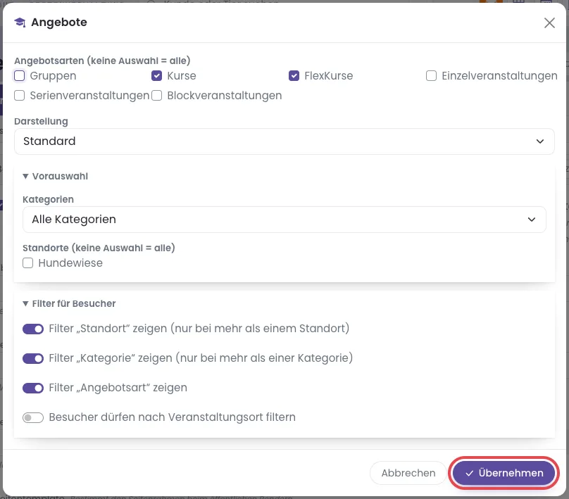 Einstellungen des Blocks Angebote mit Angebotsarten, Darstellung, Vorauswahl und Filtern