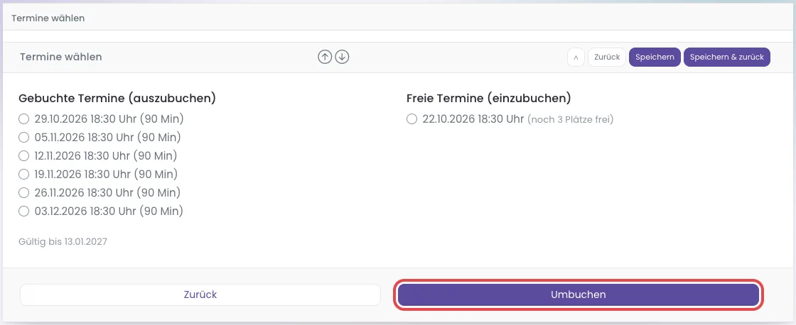 Formular Termin umbuchen mit gebuchten und freien Terminen