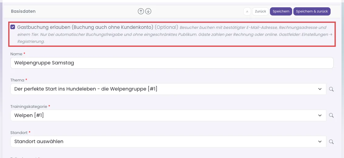 Abschnitt Basisdaten mit dem Haken Gastbuchung erlauben
