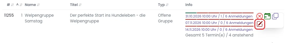 Gruppenliste mit dem Symbol Bearbeiten in der Zeile