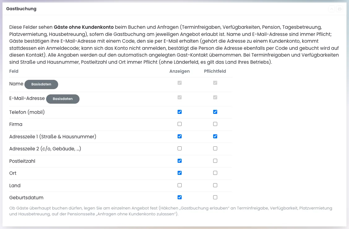 Kasten Gastbuchung mit den Spalten Feld, Anzeigen und Pflichtfeld