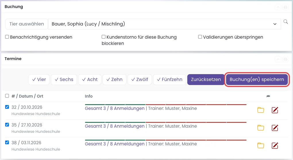 Seite Buchung hinzufügen mit Tierauswahl, Schnellauswahl und angehakten Terminen
