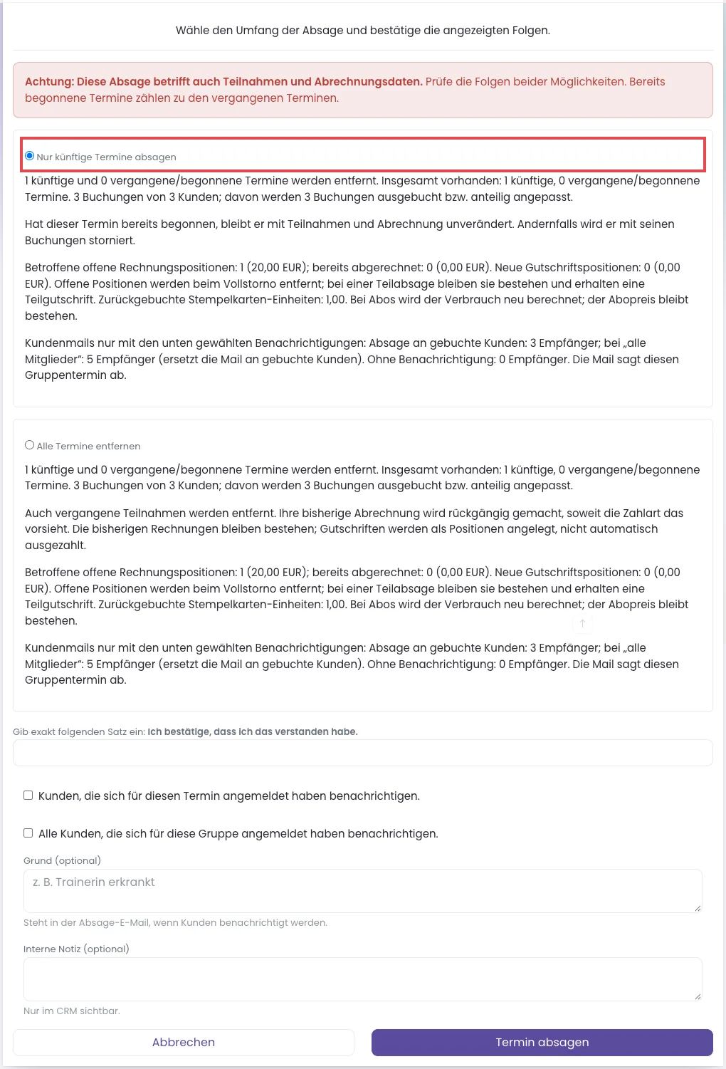 Bestätigungsseite Termin absagen mit zwei Möglichkeiten und ihren Folgen