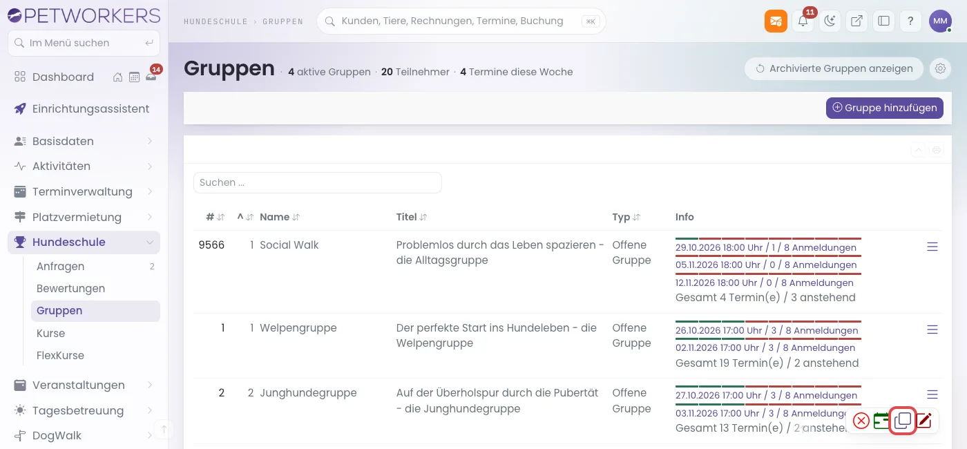 Liste der Gruppen mit dem Symbol Kopieren in einer Zeile