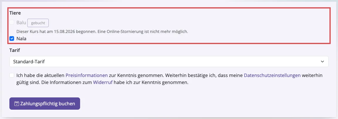 Buchung eines Kurses mit Tierauswahl per Häkchen