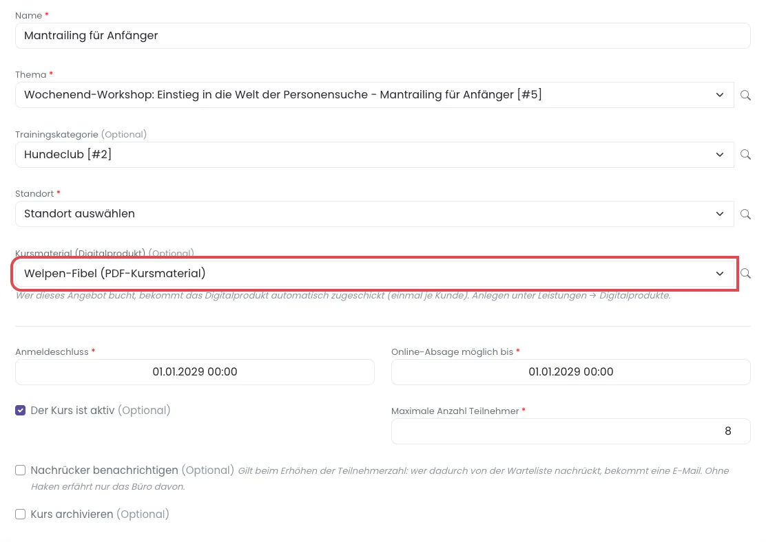 Kursformular mit dem Feld Kursmaterial (Digitalprodukt), ausgewählt ist die Welpen-Fibel